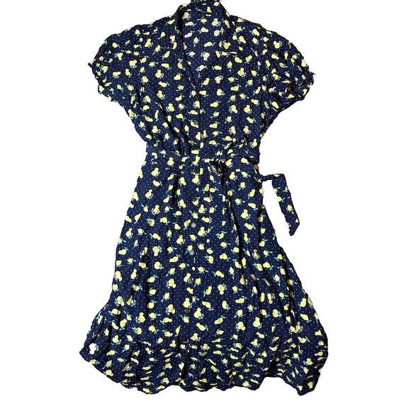 Talbots Dresses & Skirts - Talbots Dress Womens Size 18 Blue Lemon Polka Dot Button Belted Wrap Quirky 50s